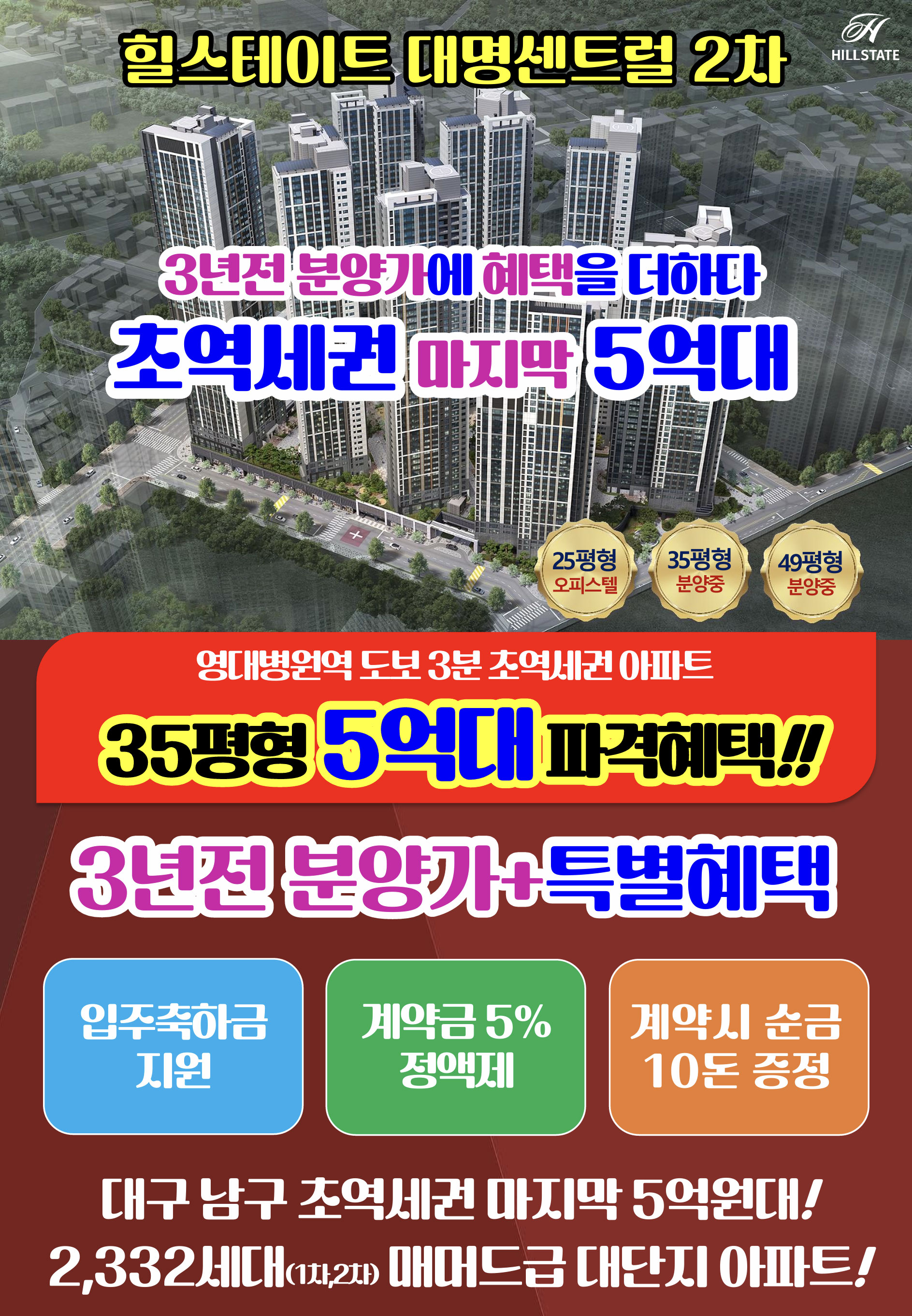 앞산조망, 초역세권 마지막 5억대 힐스테이트 대명센트럴 2차